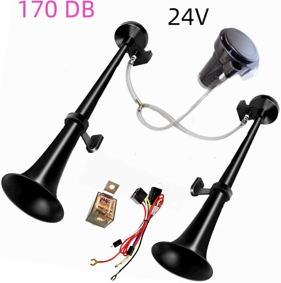 Air Horn Car Horn 24V Truck Horn Double Tube Horn Zinc Chrome Electric Horn black 170db High and Low Tone Horn with - ShopVlot