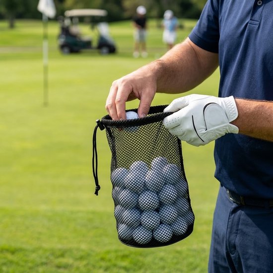 Zwarte golfbal tas groot voor 50 golfballen – netstof opberg tas met trekkoord – golf ballen draag tas – golf trainings materiaal en golf accessoires voor heren en dames — afbeelding 4