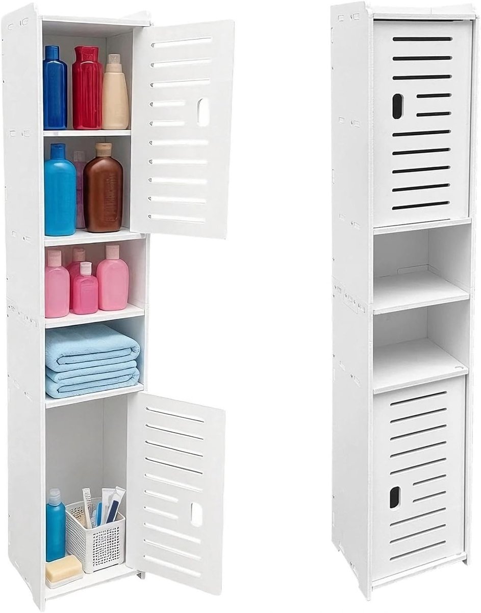 Wastafelkastje - Wit - 20 x 18 x 97 cm - PVC Badkamerzuil met Open Planken - Vrijstaand voor Badkamer en Woonkamer
