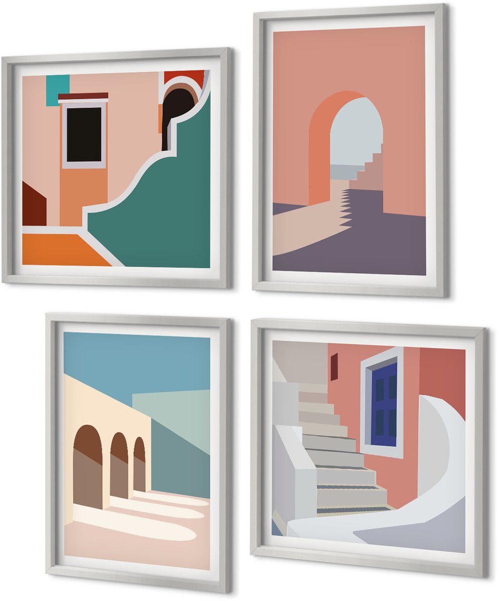 Coloray 4-Delige Schilderij Set - Pastel minimalistische stedelijke architectuurafbeeldingen - 40 x 40 cm en 40 x 60 cm - Stijlvolle Muurdecoratie - Slaapkamer