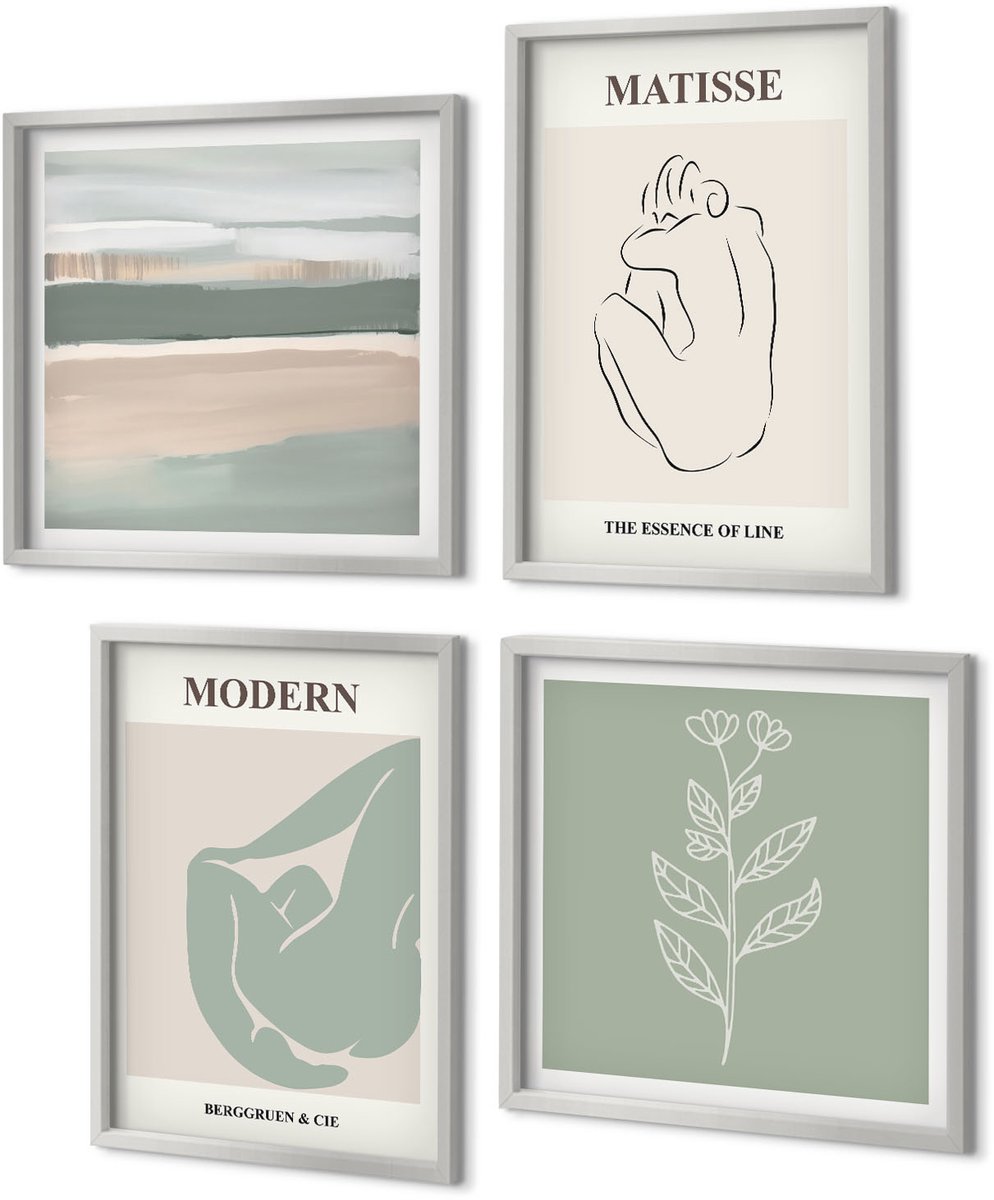 Coloray 4-Delige Schilderij Set - Abstracte vormen in pasteltinten met planten - 40 x 40 cm en 40 x 60 cm - Stijlvolle Wanddecoratie - Interieur - Decoratieve Schilderijen