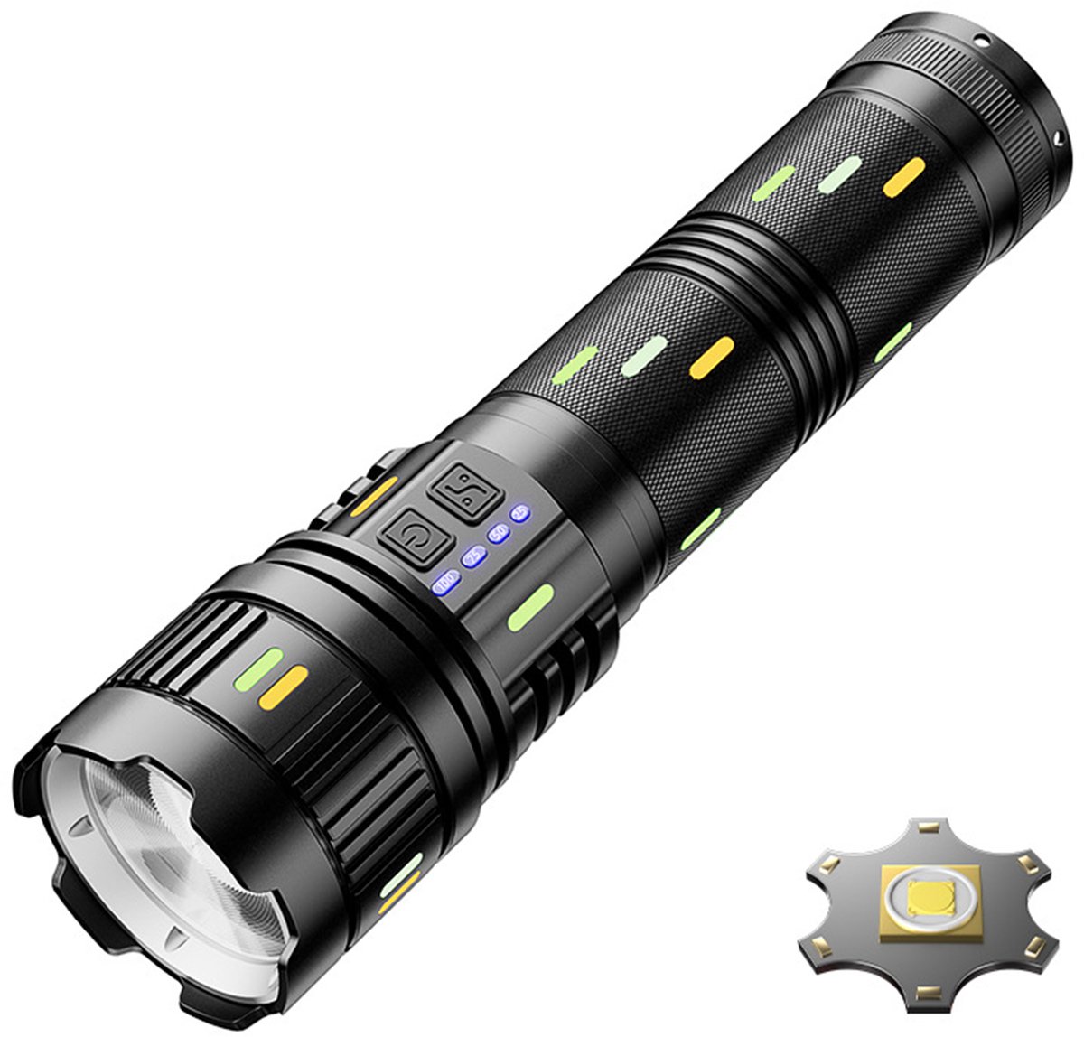 Wishdor Tactische LED zaklamp - Telescopische zoom en 1500 lumen - Oplaadbaar via USB-C - Accucapaciteit van 17600mAh - Inclusief statiefhouder - Zwart - L 26 x B 7 x H 7 cm
