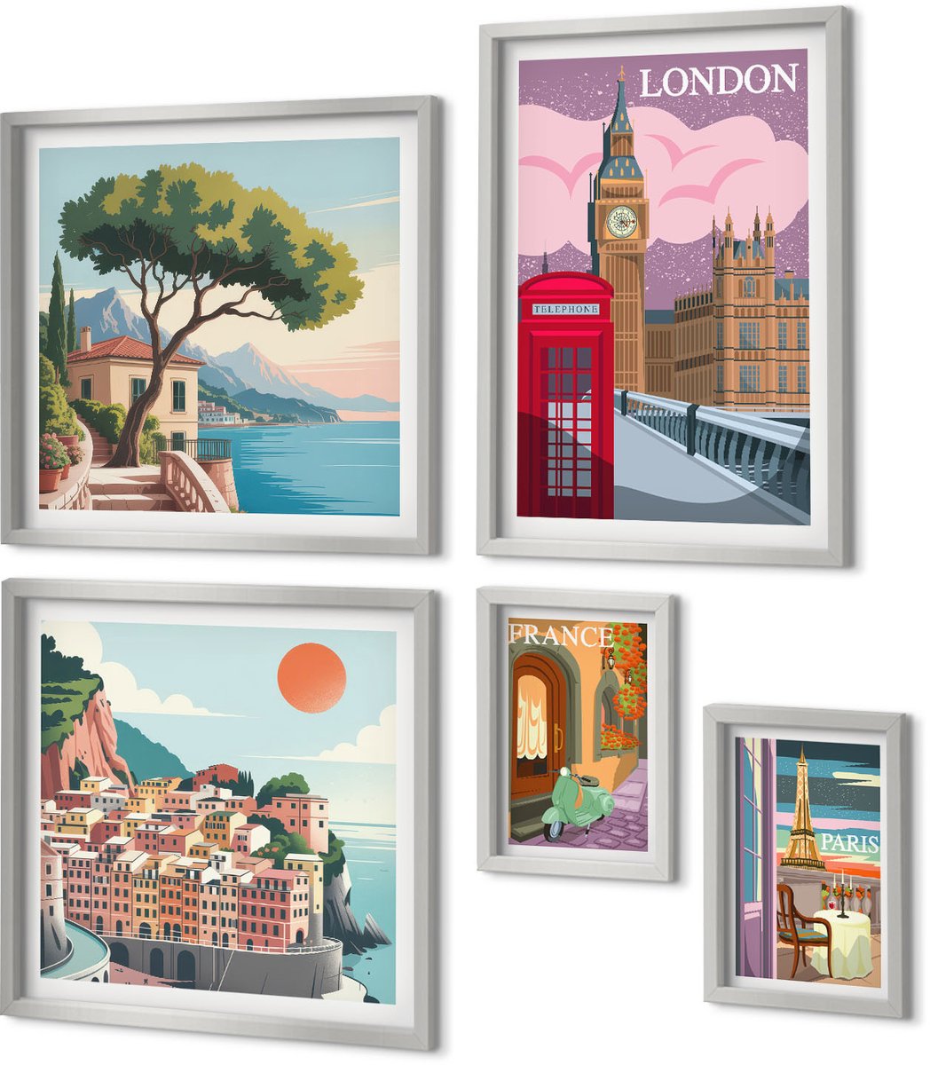 Coloray 5-Delige Schilderij Set - Illustraties Van Gezichten En Bladeren, Grafische Vormgeving Door Henri Matisse - 20 x 30 cm - Schilderijen Set - Wanddecoratie - Woonkamer