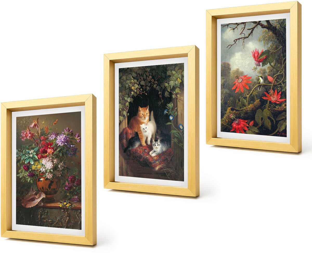 Coloray 4-Delige Schilderij Set - Vintage bloemen, katten en planten in de natuur - 20 x 30 cm - Muurdecoratie - Decoratieve Schilderijen - Wohnzimmer - Moderne Wanddecoratie