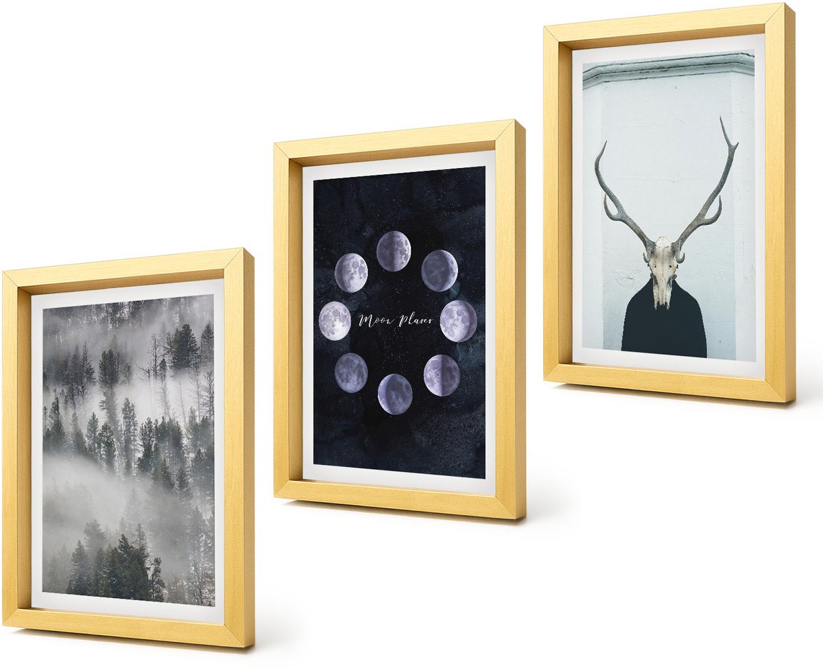 Coloray 4-Delige Schilderij Set - Boslandschap in de mist Maanfasen Hertenschedel - 20 x 30 cm - Moderne Wanddecoratie - Woonkamer