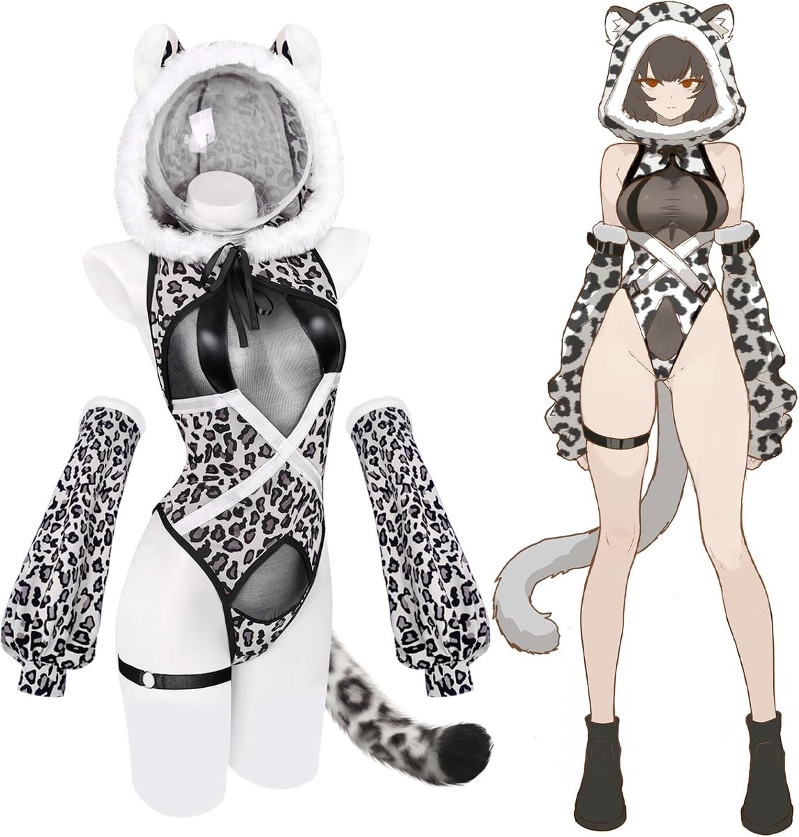 KORURACLUB Leopard Costume Women's Sexy Animal Cosplay Bodysuit Hooded Backless Snow Leopard Cosplay Outfit - ShopVlot