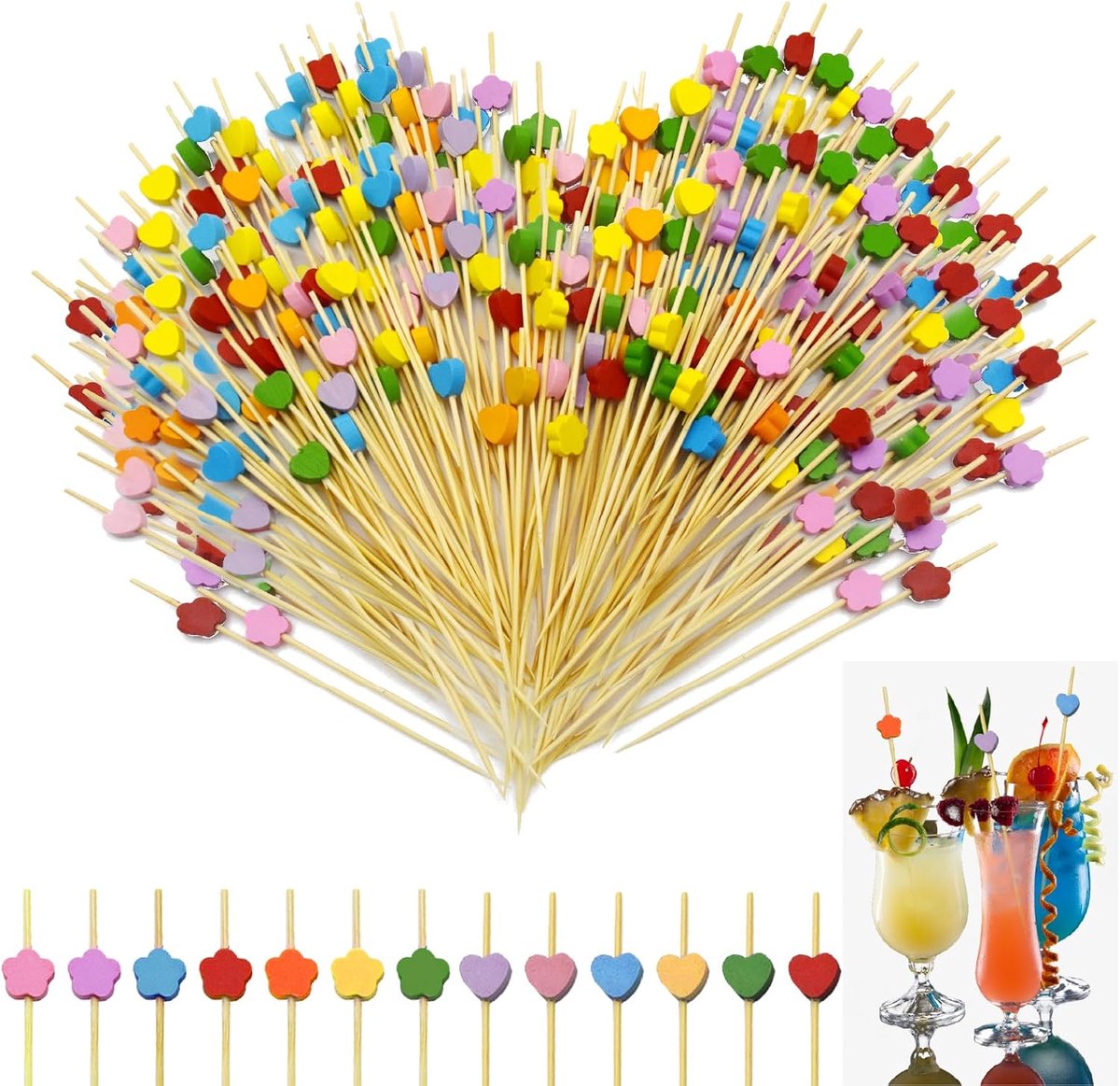 Pack of 200 Cocktail Skewers, 12 cm Wooden Finger Food Skewers, Colourful Cocktail Decoration, Wooden Cocktail - ShopVlot