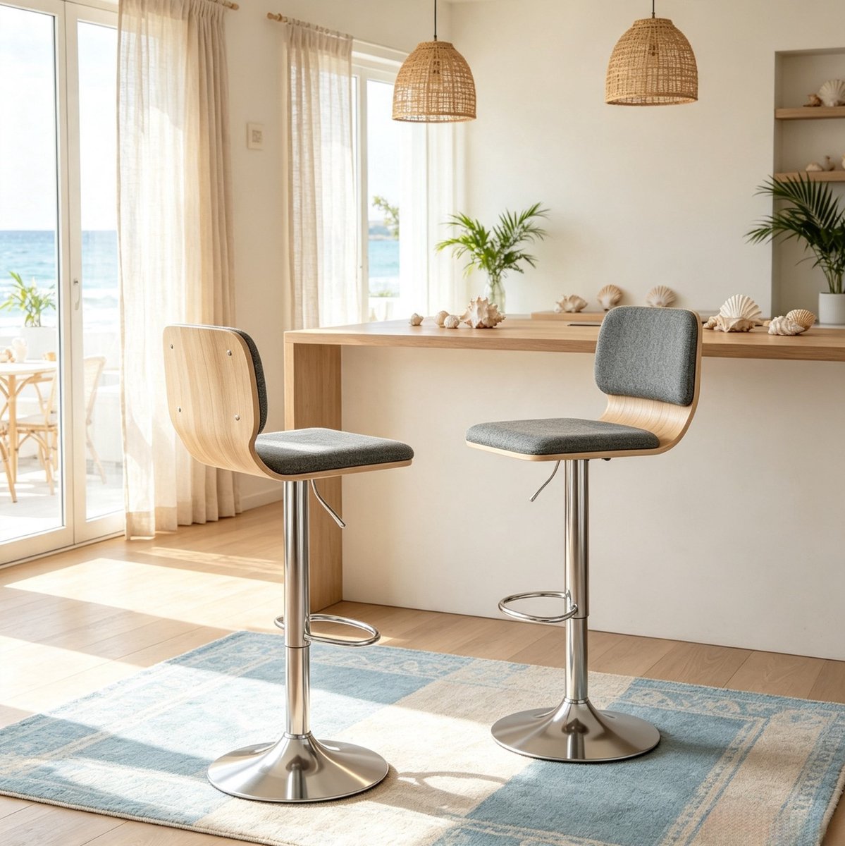 FloraGrace Barkruk Set Van 2 – 360° Draaibaar En Hoogte Verstelbaar – Met Rugleuning En Voetsteun – Voor Keuken Eiland En Bar – Stof – Grijs