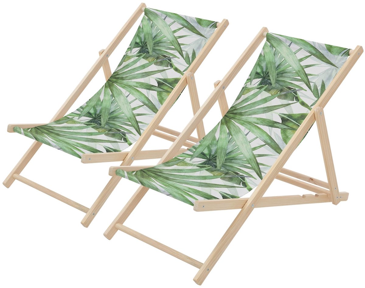 ECD Germany Set van 2 Opvouwbare Strandstoel van Hout met verstelbare rugleuning 3 standen palmboom groen-wit - ShopVlot