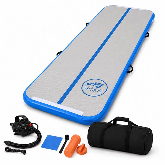 Blauwe en grijze AJ-Sports AirTrack met een elektrische pomp, draagtas, reparatieset en ventiel.