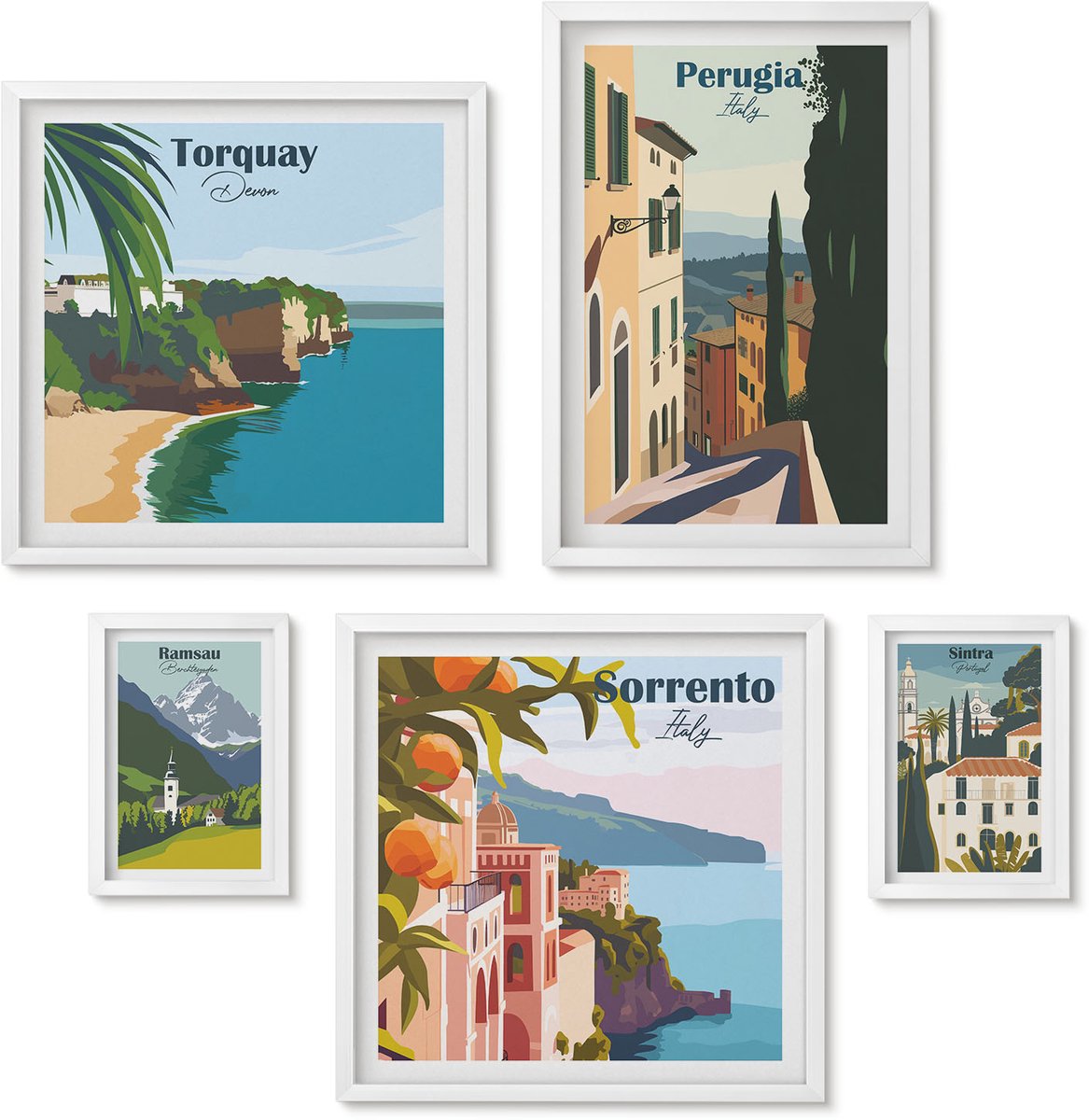 Wallfluent 5-Delige Schilderij Set - Uitzichten Op Pittoreske Straatjes In Italiaanse Steden - 50 x 50 cm, 20 x 30 cm En 40 x 60 cm - Wanddecoratie - Woonkamer Decoratie - Muurdecoratie