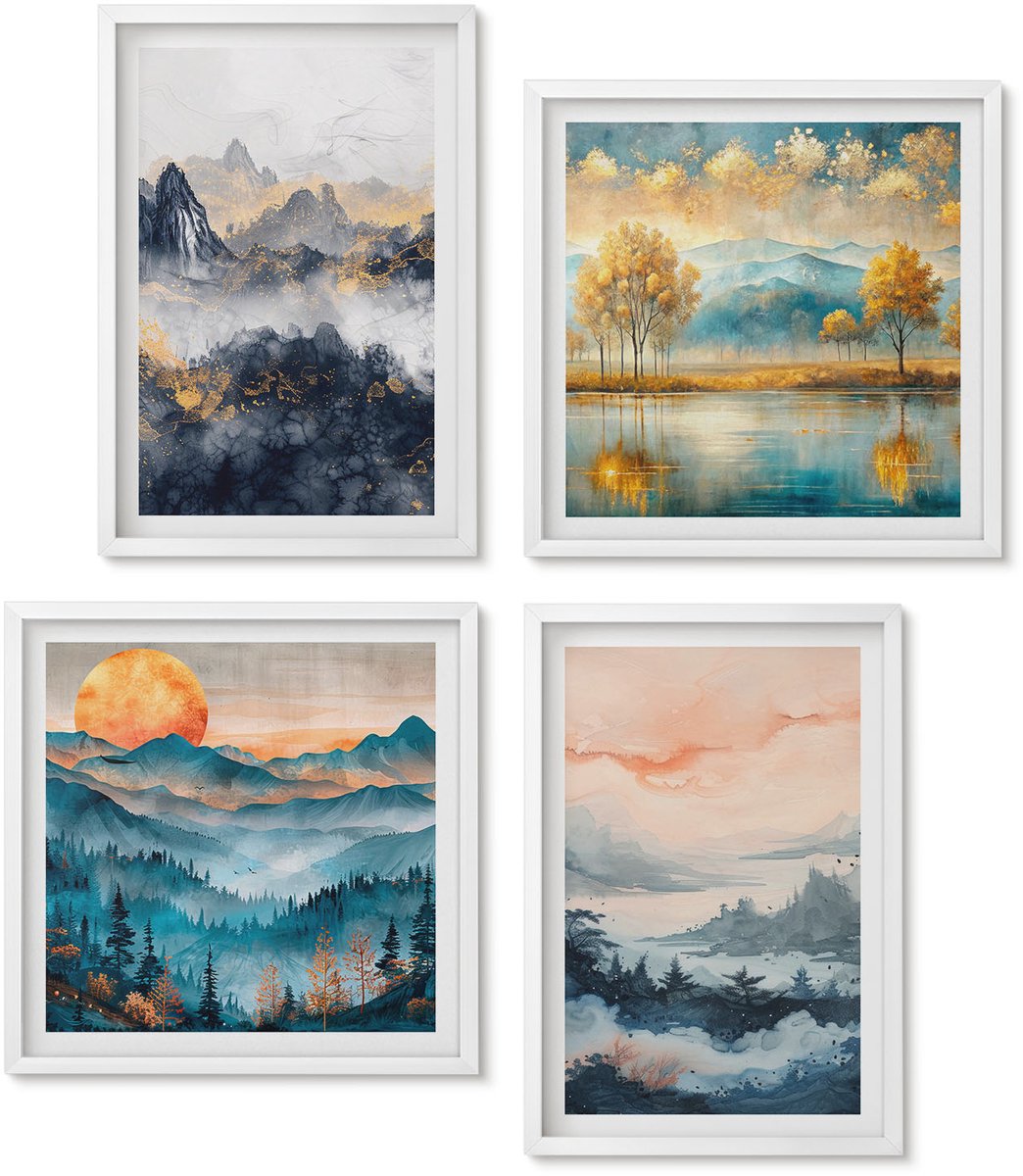 Wallfluent 4-Delige Schilderij Set - Abstracte, Geschilderde Natuurgezichten - 40 x 40 En 40 x 60 - Stijlvolle Muurdecoratie - Kantoor