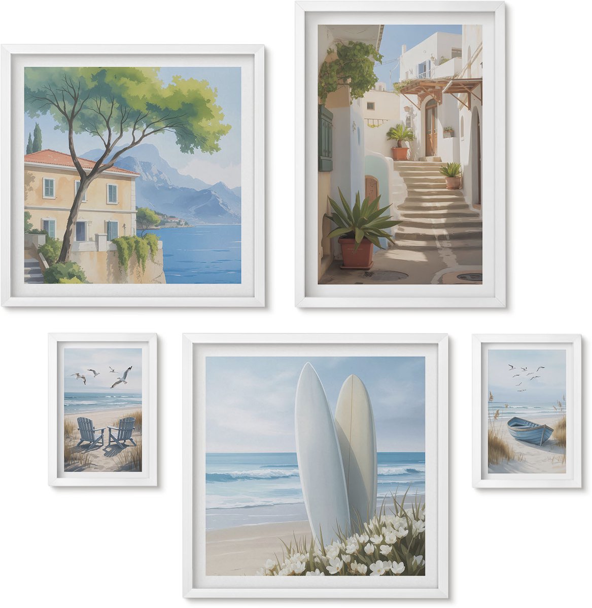 Wallfluent 5-Delige Schilderij Set - Stijlvol Uitzicht Op Zee Met Stranden En Landschappen. - 50 x 50 cm, 20 x 30 cm En 40 x 60 cm - Wanddecoratie - Muurdecoratie - Woonkamer - Decoratieve Schilderijen