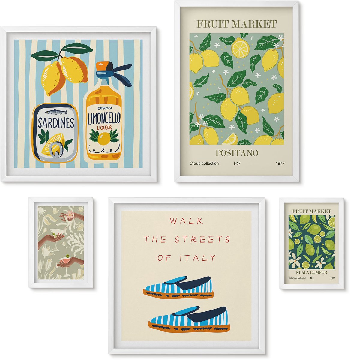 Wallfluent 5-Delige Schilderij Set - Fruitinspiratie Van De Vintagemarkt - 50 x 50 cm, 20 x 30 cm En 40 x 60 cm - Wanddecoratie - Schilderijen Set - Kantoor - Muurdecoratie