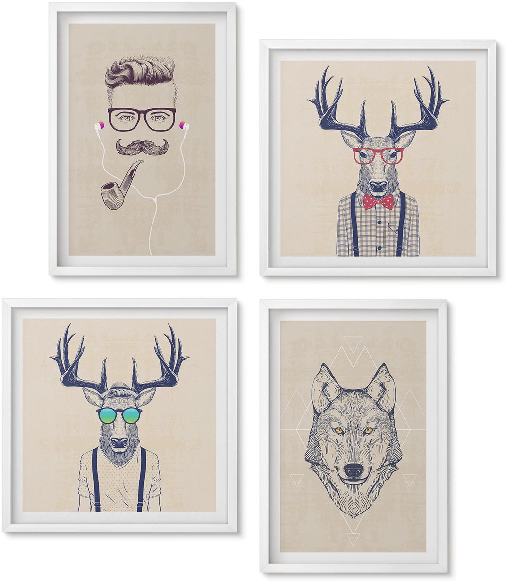 Wallfluent 4-Delige Schilderij Set - Stijlvolle Portretten Van Dieren En Mannen - 40 x 40 En 40 x 60 - Decoratieve Muurdecoratie - Slaapkamer - Decoratieve Schilderijen