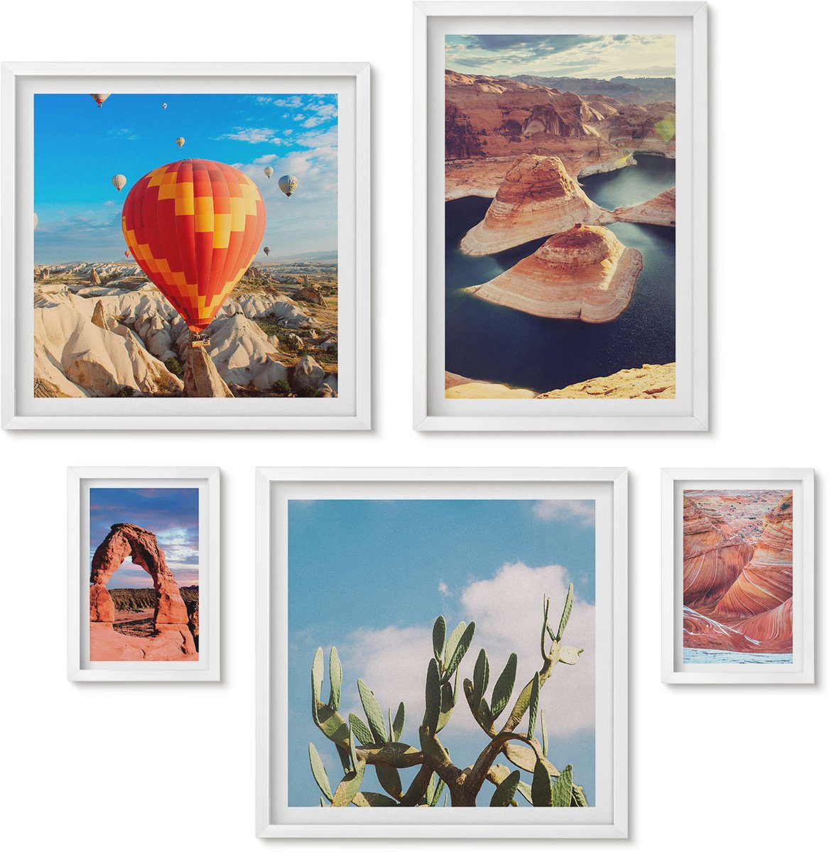 Wallfluent 5-Delige Schilderij Set - Natuurlijke Landschappen Met Bergen En Waterpartijen - 50 x 50 cm, 20 x 30 cm En 40 x 60 cm - Muurdecoratie - Wanddecoratie - Hal - Woonkamer Decoratie