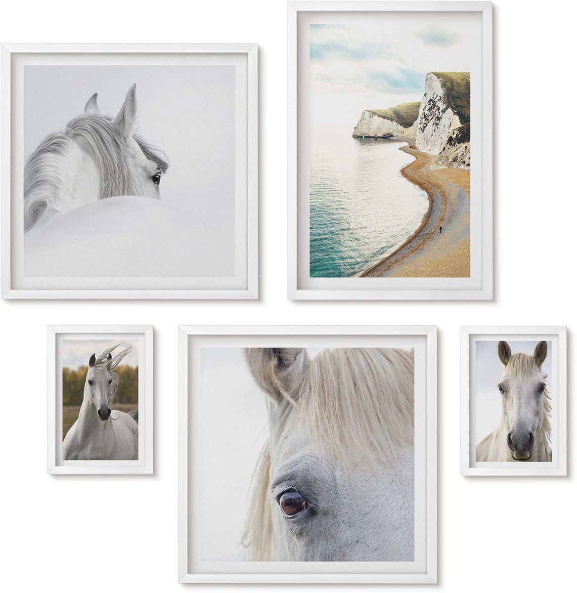Wallfluent 5-Delige Schilderij Set - Paarden Op Het Strand En In De Natuur In Een Minimalistische Stijl. - 50 x 50 cm, 20 x 30 cm En 40 x 60 cm - Wanddecoratie - Woonkamer Decoratie - Stijlvolle Muurdecoratie