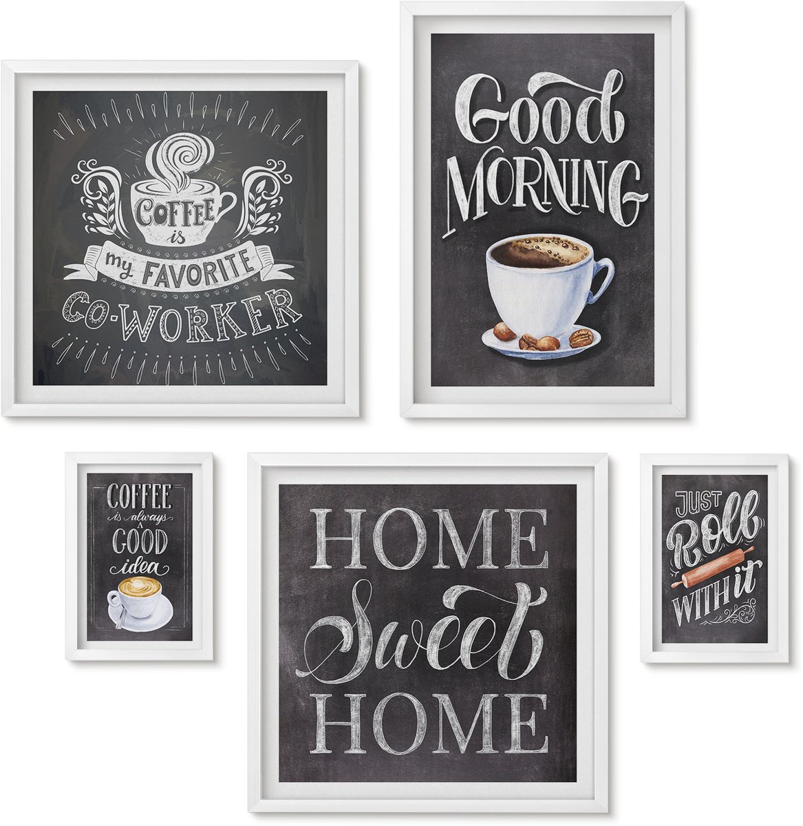 Wallfluent 5-Delige Schilderij Set - Koffie-Inspiratie In Rustieke Stijl Voor De Keuken - 50 x 50 cm, 20 x 30 cm En 40 x 60 cm - Wanddecoratie - Muurdecoratie - Woonkamer - Decoratieve Schilderijen