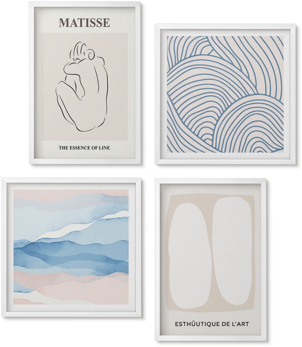 Wallfluent 4-Delige Schilderij Set - Abstracte Vormen En Delicate Kleuren Van Matisse - 40 x 40 En 40 x 60 - Stijlvolle Wanddecoratie - Interieur - Woonkamer Decoratie