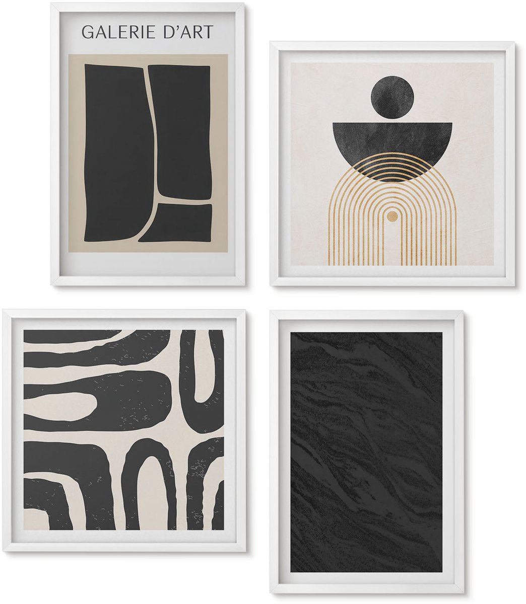 Wallfluent 4-Delige Schilderij Set - Abstracte Vormen En Donker Marmer - 40 x 40 En 40 x 60 - Muurdecoratie - Wanddecoratie - Slaapkamer - Moderne Wanddecoratie