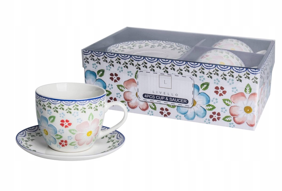 Set van 2 Mokken met Schotels, Bloemendessin, 250 ml, Cadeauset