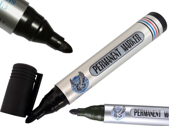 Zilverkleurige permanente markers met zwarte dop en "PERMANENT MARKER"-opschrift. Ronde punt.