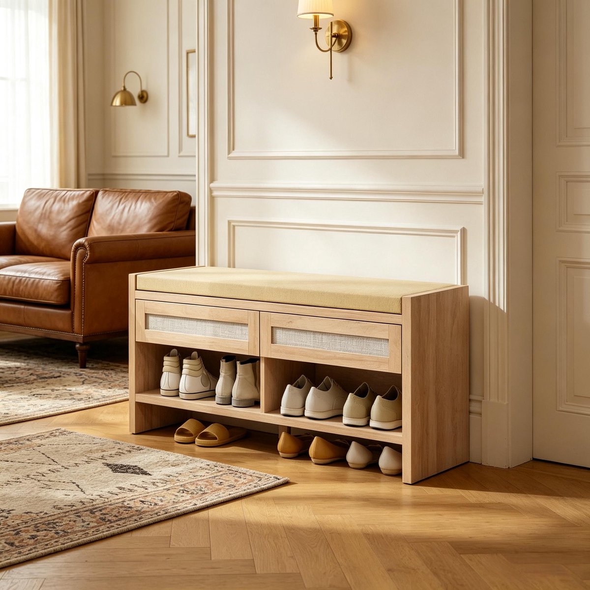 OKWISH Opbergbankje 108 cm - Schoenenbank Met 2 Opbergvakken En Open Vak - Comfortabele Zitting Voor Hal En Entree - MDF - Lichtbruin Eikenlook