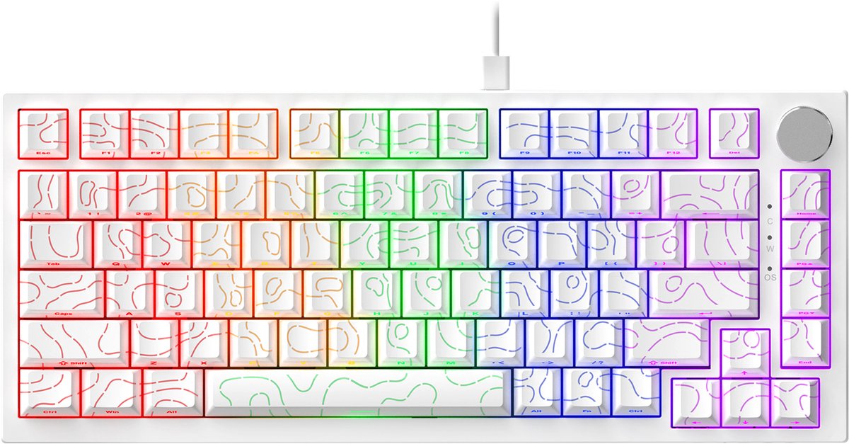 Ajazz AK820 – Mechanisch Toetsenbord 75% – Bedraad USB-C Gaming Keyboard – Hot Swap – Compact QWERTY – 82 Keys – Contourlijn wit