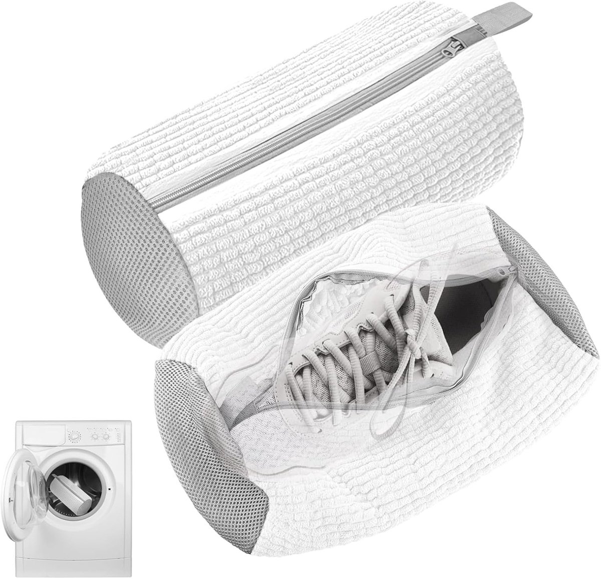 Schoenwaszak voor wasmachine - Wit Grijs - Pluche en scheurvast materiaal - Herbruikbare schoenwaszak met ritssluiting - Voor sportschoenen en tennisschoenen