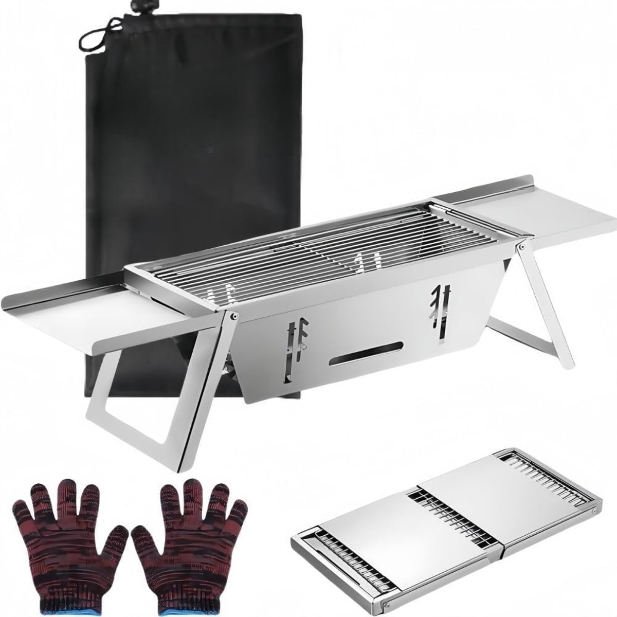 Draagbare Houtskoolgrill - Roestvrij Staal - 42 x 21,5 cm - Inklapbare BBQ Grill voor Outdoor Gebruik