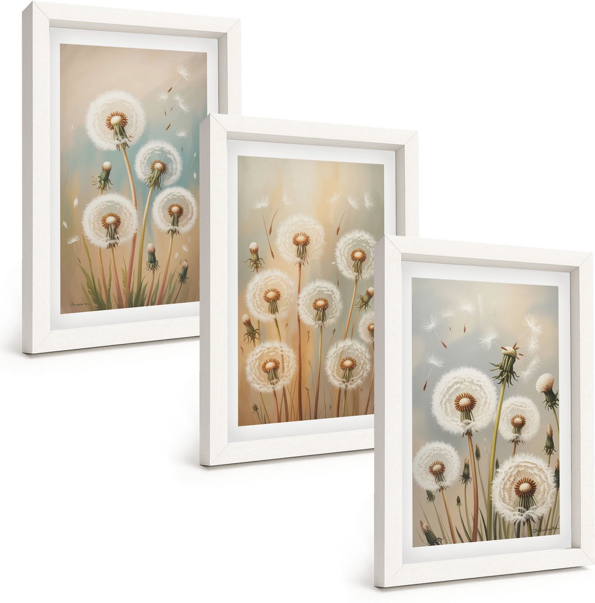 Tulup 3-Delige Schilderij Set - Paardenbloemen op een pastelkleurige achtergrond - 20x30 - Moderne Wanddecoratie - Slaapkamer - Muurdecoratie