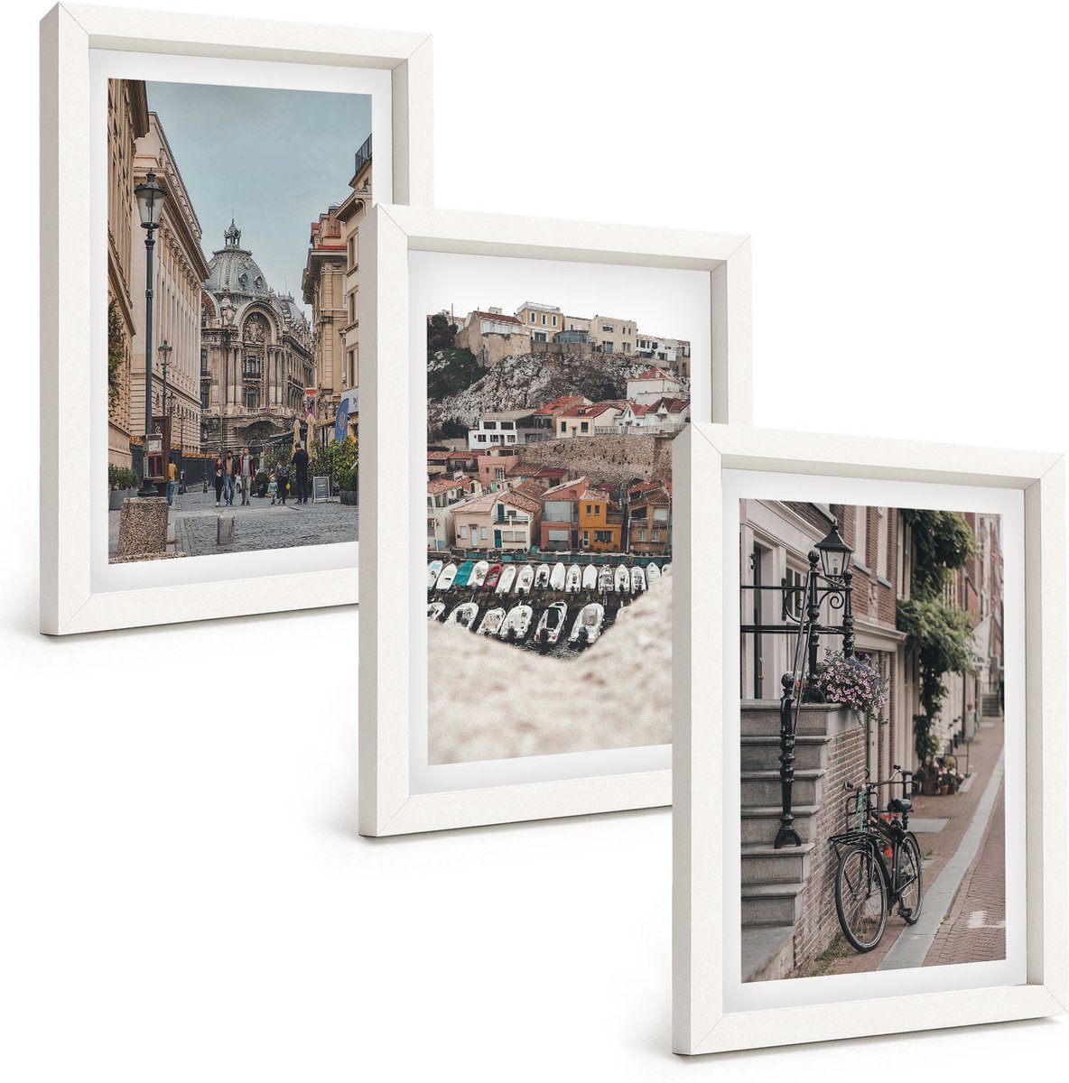 Tulup 3-Delige Schilderij Set - Sfeervolle stadsstraten met uitzicht op de haven en de gebouwen. - 20x30 - Moderne Wanddecoratie - Slaapkamer - Interieur Decoratie