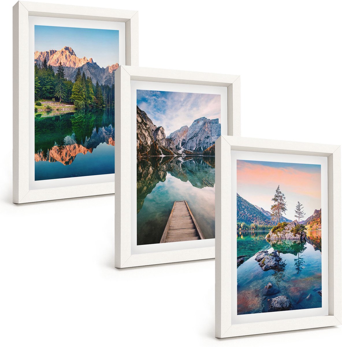 Tulup 3-Delige Schilderij Set - Bergmeren met weerspiegelingen in het water en het bos. - 20x30 - Wanddecoratie - Schilderijen Set - Kantoor - Woonkamer Decoratie