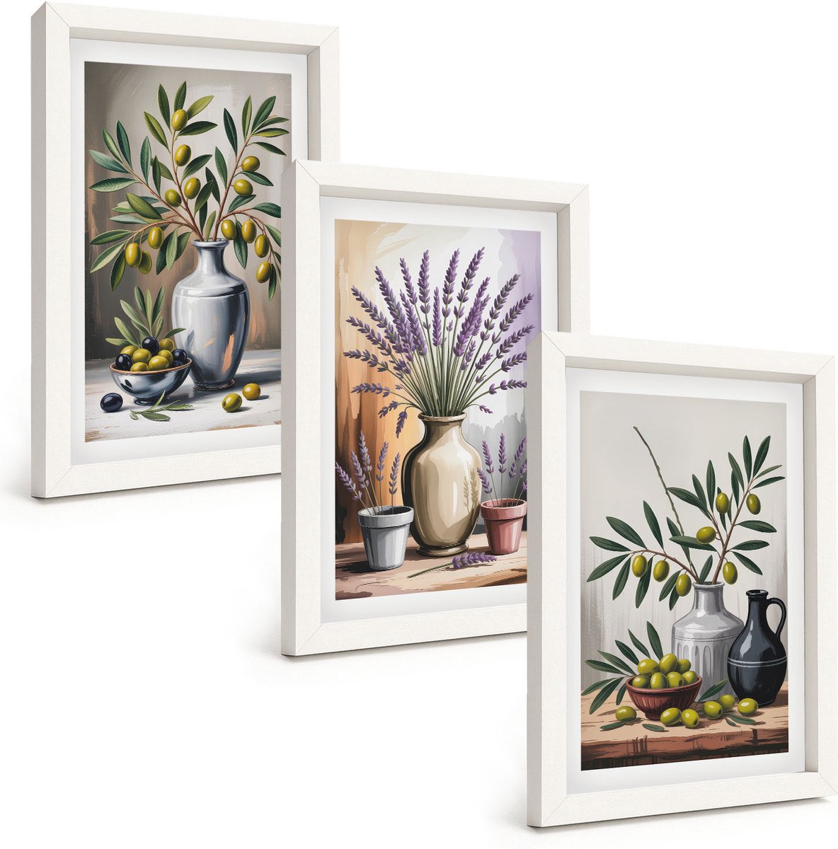 Tulup 3-Delige Schilderij Set - Bloemen en olijven in vazen ​​op een lichte achtergrond - 20x30 - Muurdecoratie - Decoratieve Schilderijen - Wohnzimmer - Woonkamer Decoratie