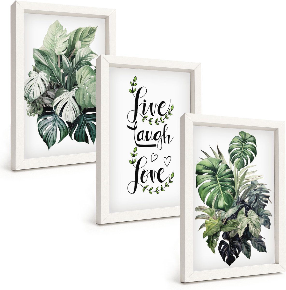 Tulup 3-Delige Schilderij Set - Bladrijke planten met de woorden Leef, Lach, Houd van - 20x30 - Muurdecoratie - Wanddecoratie - Hal - Woonkamer Decoratie