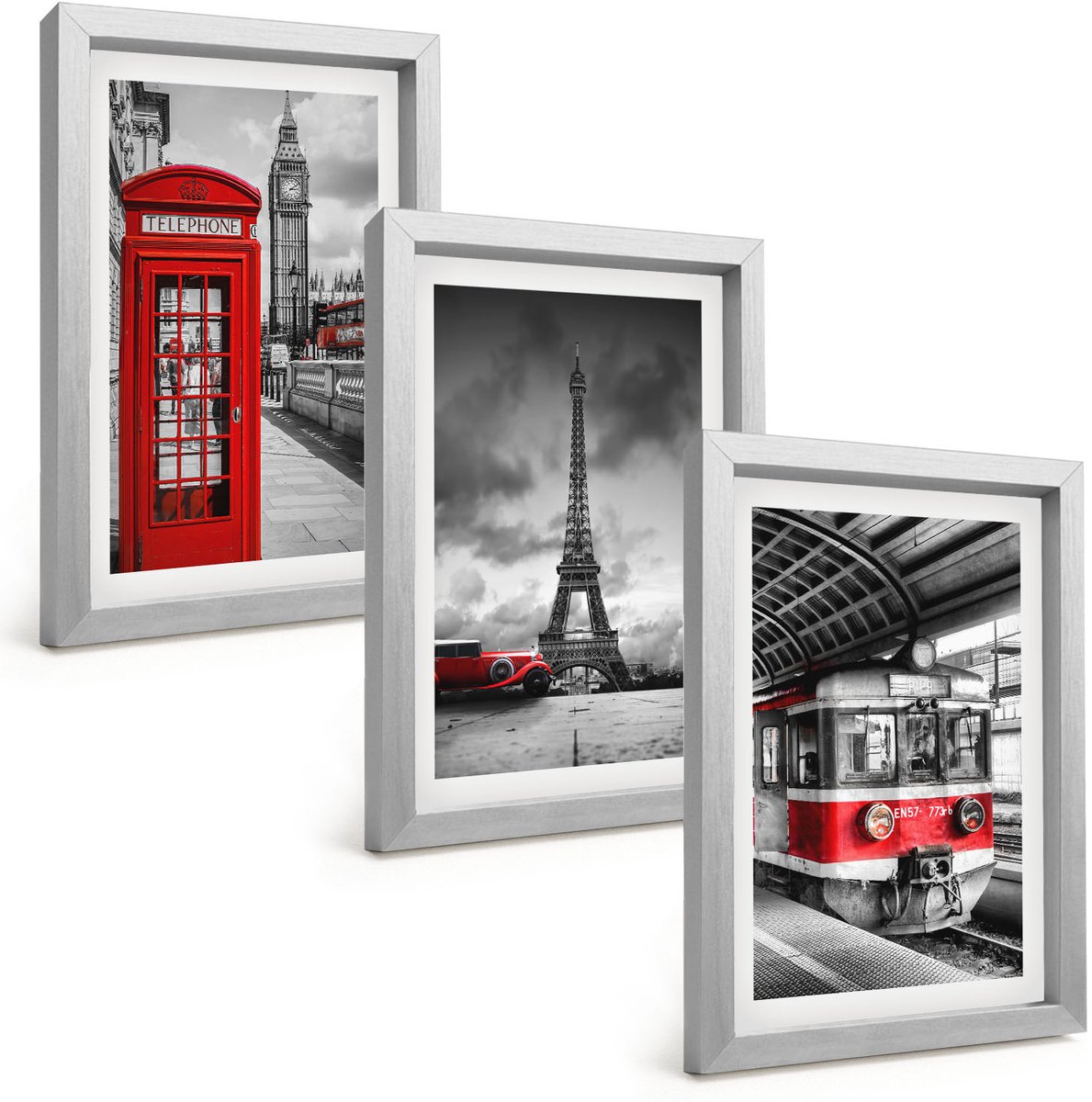 Tulup 4-Delige Schilderij Set - Iconische steden: Londen, Parijs en het spoorvervoer - 20 x 30 cm - Stijlvolle Muurdecoratie - Slaapkamer - Moderne Wanddecoratie