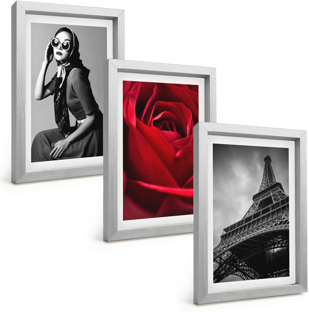 Tulup 4-Delige Schilderij Set - Parijse vrouw met bril, roos en Eiffeltoren - 20 x 30 cm - Moderne Wanddecoratie - Slaapkamer - Decoratieve Schilderijen