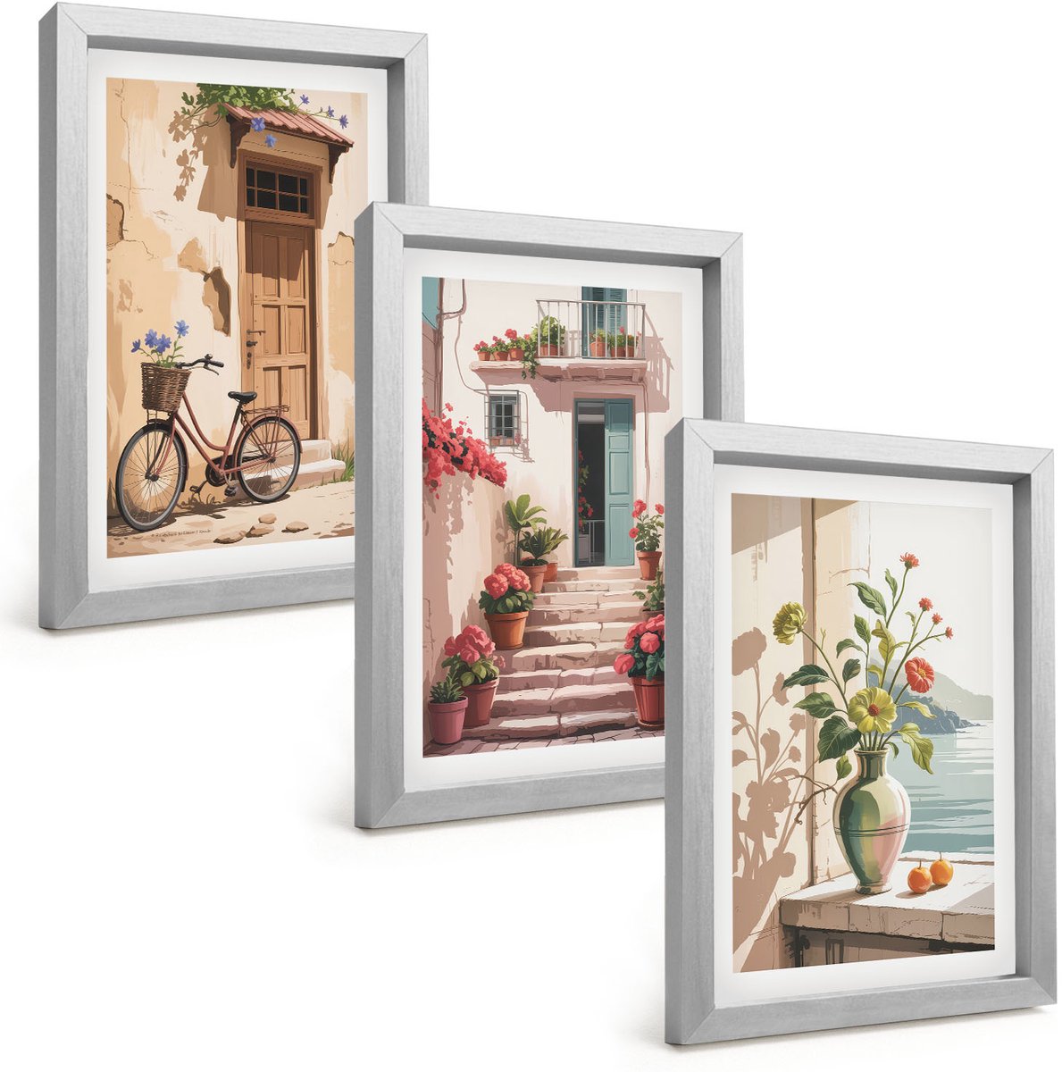 Tulup 4-Delige Schilderij Set - Geschilderde straten met bloemen en een fiets - 20 x 30 cm - Moderne Wanddecoratie - Slaapkamer - Interieur Decoratie