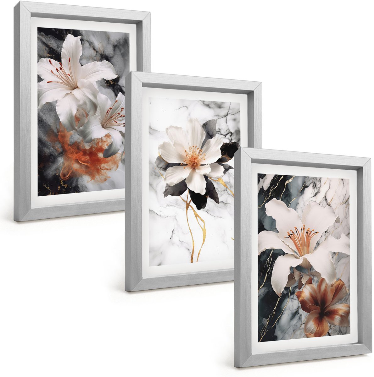 Tulup 4-Delige Schilderij Set - Bloemen op een marmeren achtergrond in wit- en zwarttinten. - 20 x 30 cm - Muurdecoratie - Interieur Decoratie - Stijlvolle Muurdecoratie