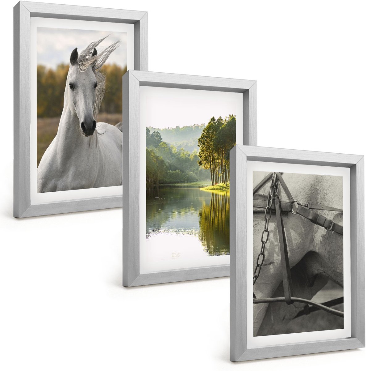Tulup 4-Delige Schilderij Set - Witte paarden aan de rivier - Natuurlandschap - 20 x 30 cm - Wanddecoratie - Schilderijen Set - Kantoor