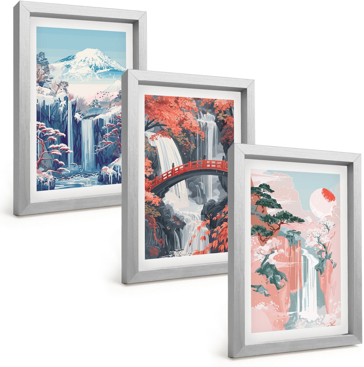 Tulup 4-Delige Schilderij Set - Watervallen, bergen met een brug en bloeiende bomen - 20 x 30 cm - Muurdecoratie - Decoratieve Schilderijen - Wohnzimmer