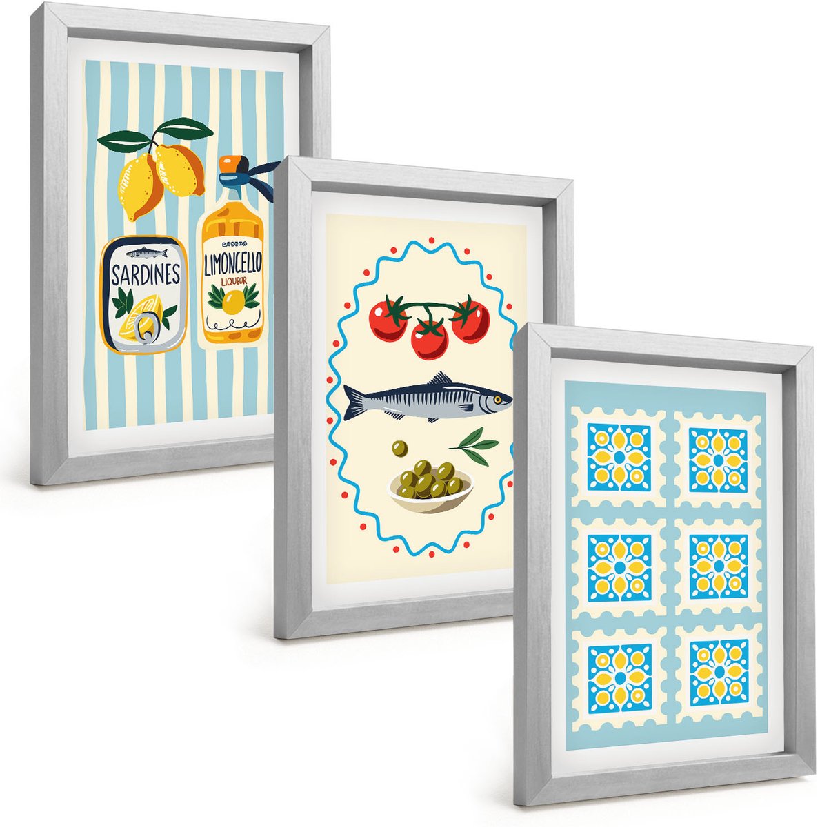 Tulup 4-Delige Schilderij Set - Illustraties van keukens in mediterrane stijl - 20 x 30 cm - Wanddecoratie - Schilderijen Set - Kantoor - Woonkamer Decoratie