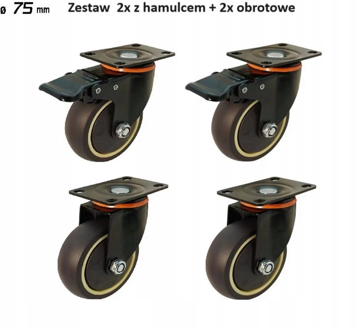 4x Zwenkwielen met Rem, 75mm TPR, Zwart Staal