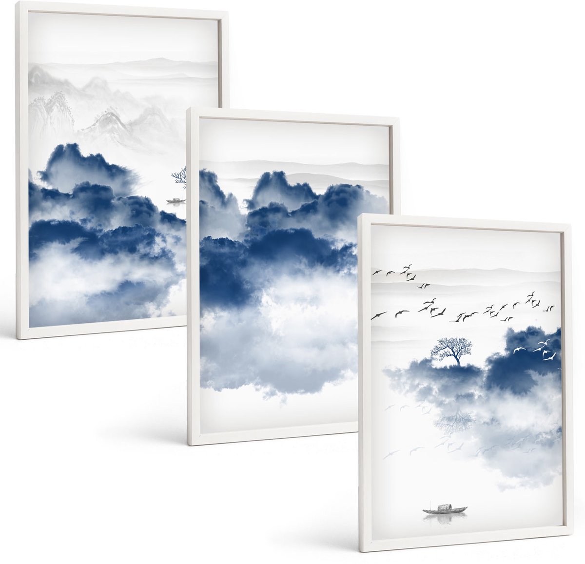 Tulup 3-Delige Schilderij Set - Wolkengebergte met bomen en vogels op de achtergrond - 40x60 - Schilderijen Set - Wanddecoratie - Woonkamer - Interieur Decoratie
