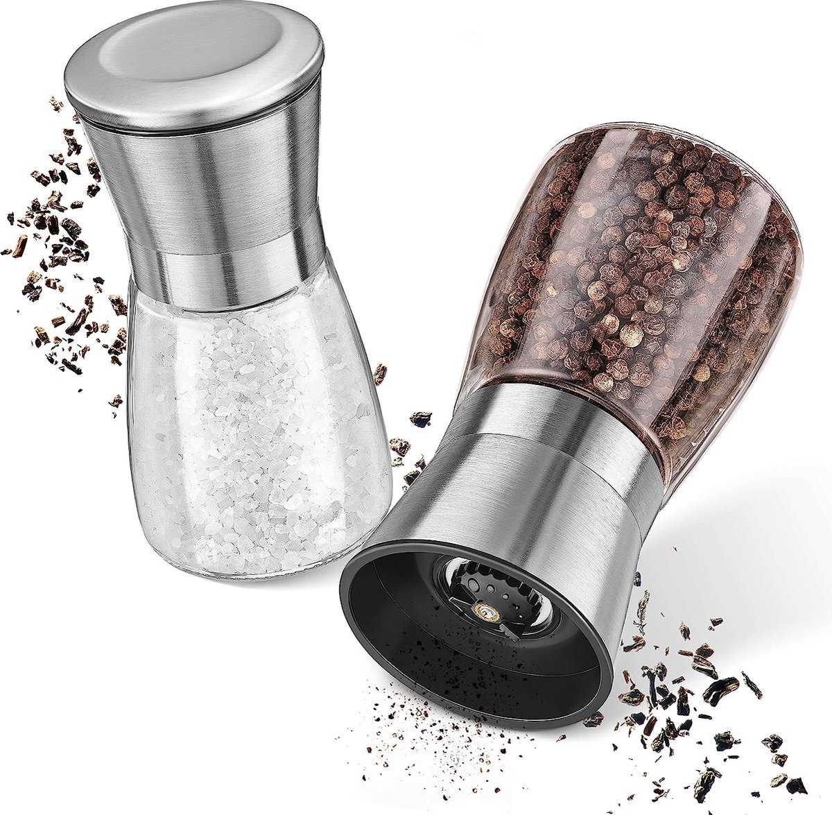 LitaLife Peper- en Zoutmolen Set van 2 – Glazen Kruidenmolens – Keramisch Maalwerk – Verstelbaar – 13 cm