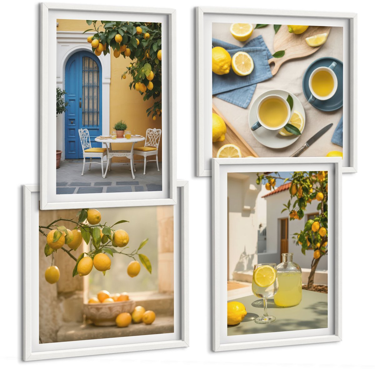 Tulup 4-Delige Schilderij Set - Citroenen Limonade Blauwe Deur Zomer Uitzichten - 40x40 en 40x60 - Muurdecoratie - Wanddecoratie - Hal