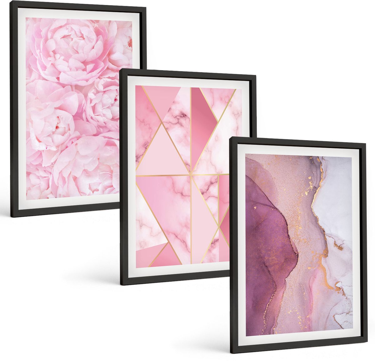 Tulup 4-Delige Schilderij Set - Roze pioenrozen met geometrische patronen - 40 x 60 cm - Decoratieve Schilderijen - Wanddecoratie - Hal - Moderne Wanddecoratie