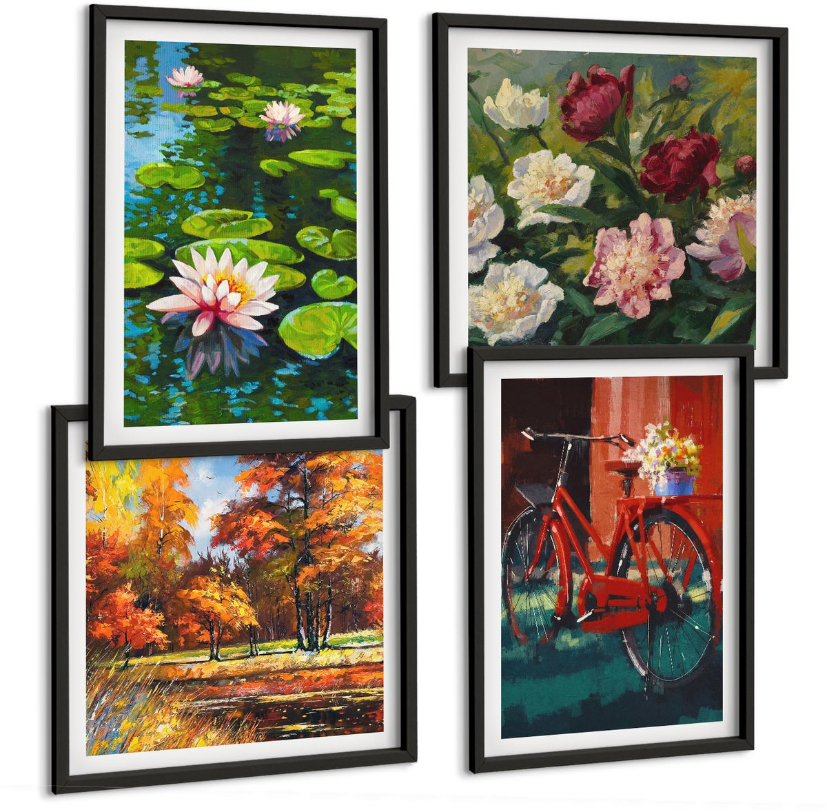 Tulup 4-Delige Schilderij Set - Lelies op de waterfiets in de tuin, kleurrijke bloemen - 40 x 40 cm en 40 x 60 cm - Stijlvolle Muurdecoratie - Slaapkamer - Decoratieve Schilderijen