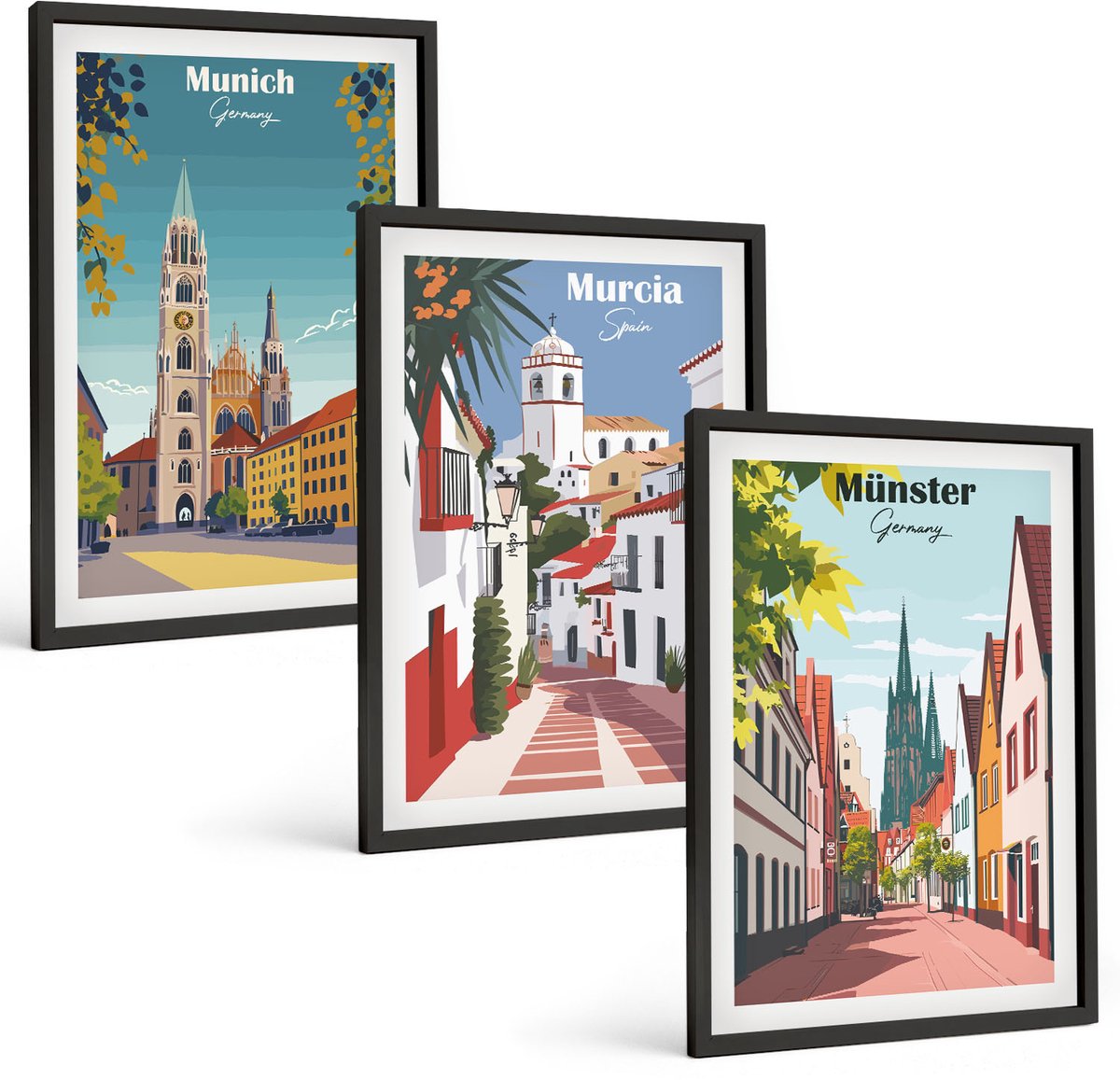 Tulup 4-Delige Schilderij Set - Europese steden in kleurrijke illustraties - 40 x 60 cm - Decoratieve Schilderijen - Wanddecoratie - Hal - Woonkamer Decoratie