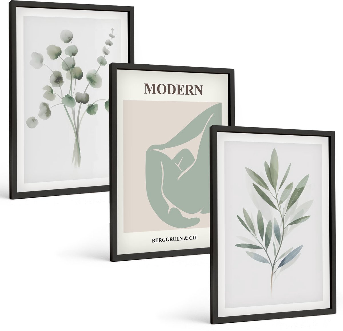 Tulup 4-Delige Schilderij Set - Plantmotieven in delicate groene tinten - 40 x 60 cm - Stijlvolle Wanddecoratie - Interieur - Moderne Wanddecoratie